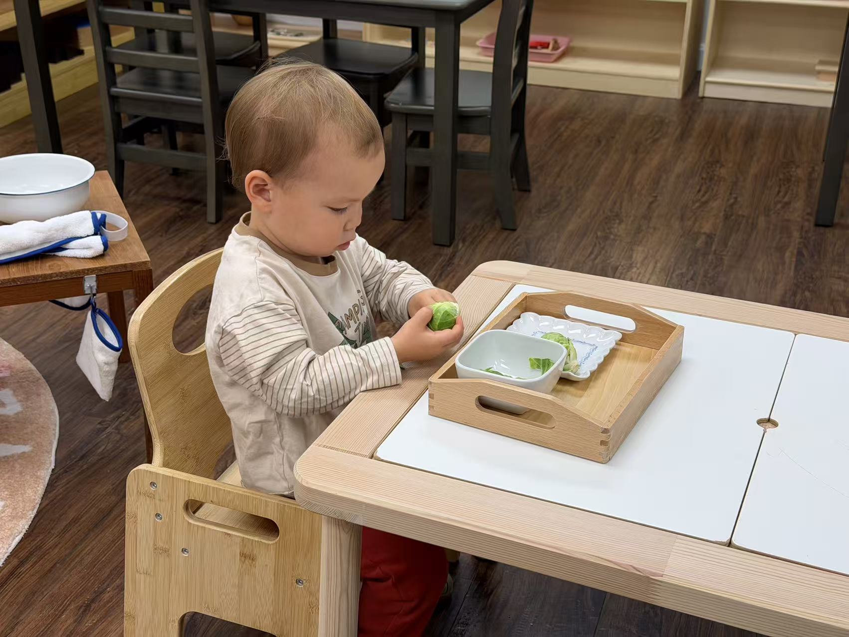 a child peeling leaves from a cabbage